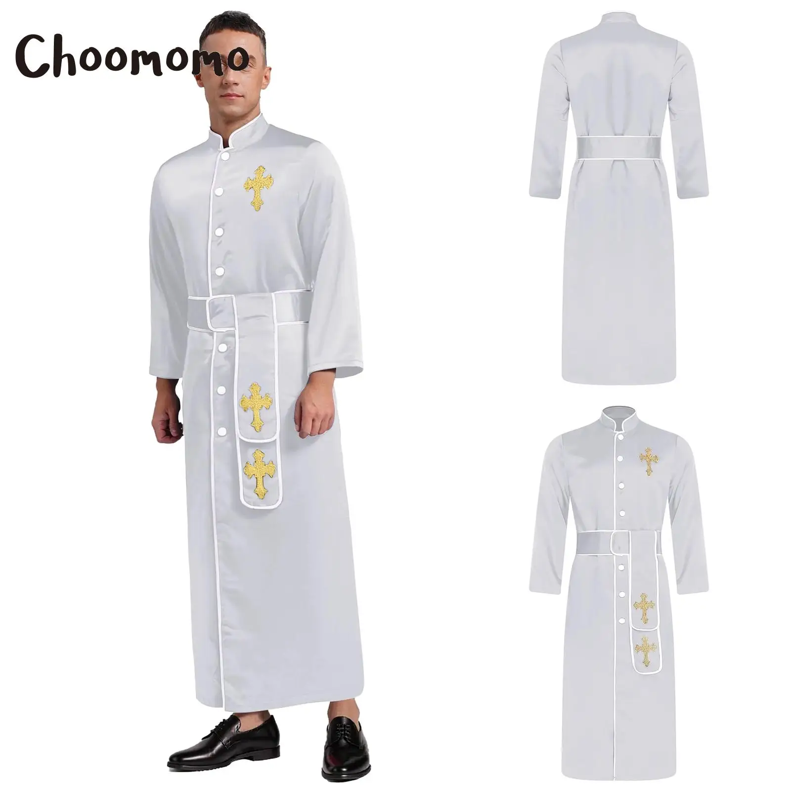 

Мужской халат церковного священника, духовенство, Хэллоуин, пастор, платье для косплея, ряса с воротником-стойкой и поясом, блестящая вышивка крестом, тематическая вечеринка