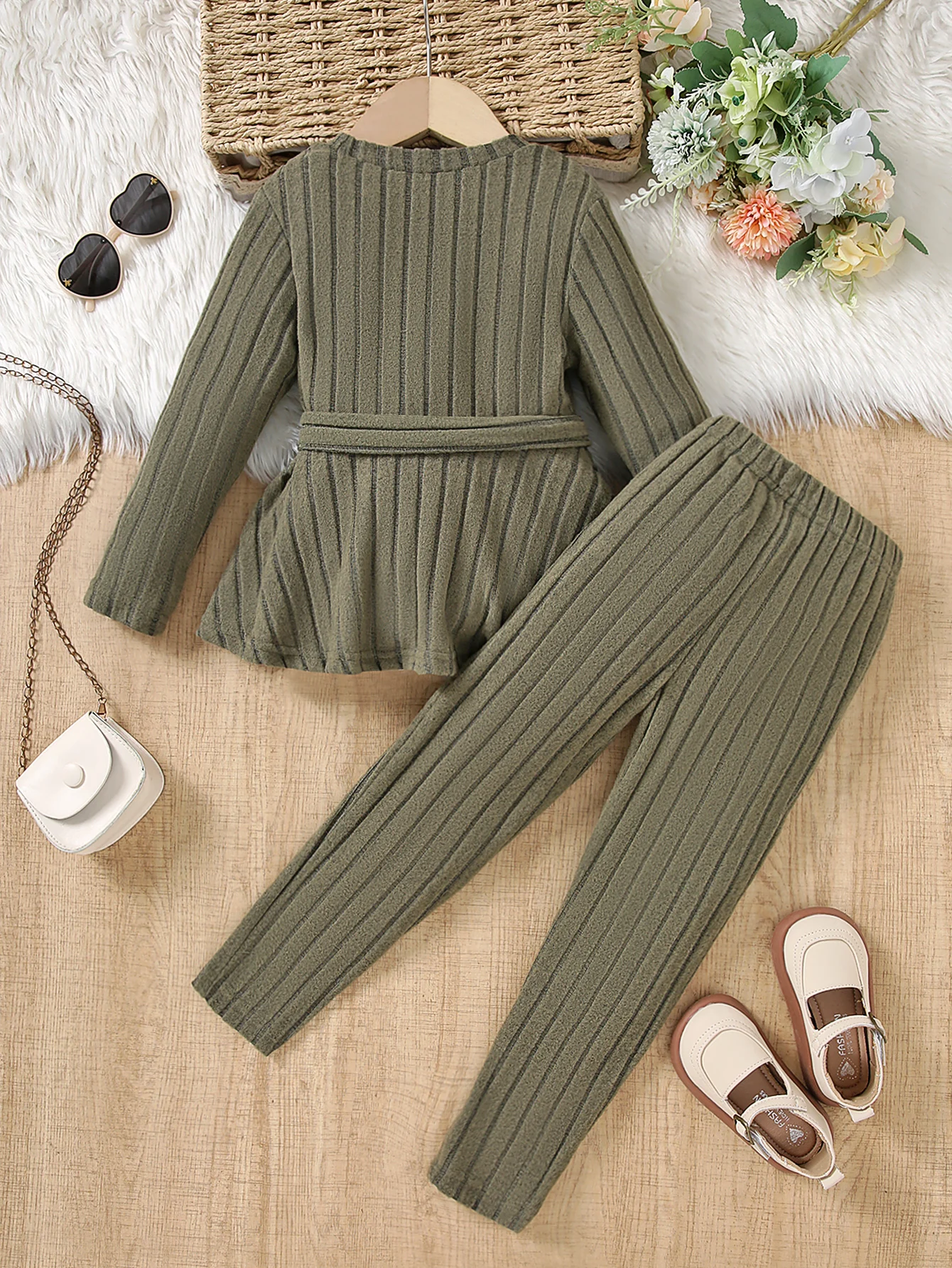 Two Piece Spring And Autumn Style Girls\' Pit Stripe Long Sleeved Round Neck Skirt Pants Solid Color Casual Outdoor Sports Suit