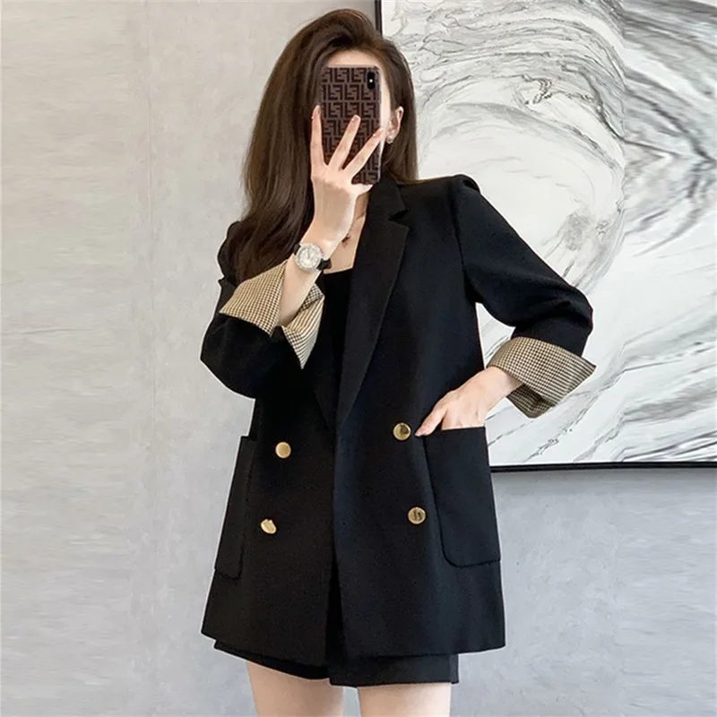 Spring 2024 New Women\'s Blazer Vintage Loose Long Sleeve Coat British Style Double-breasted Black Sleeve Suit Jacket