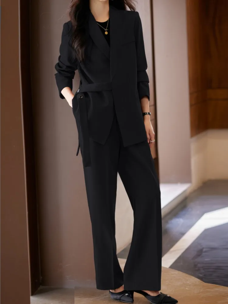 Office Lady Solid Blazer Pantsuits Women Casual Formal Sashes Jackets Coat High Waist Wide Leg Pants Two Pieces Female Outfits