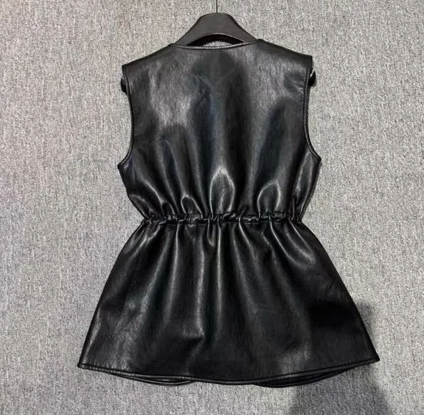 Nieuwste mode jas bovenkleding hoge kwaliteit PU leer dameszak trekkoord taille patchwork casual zwart kaki vest jassen