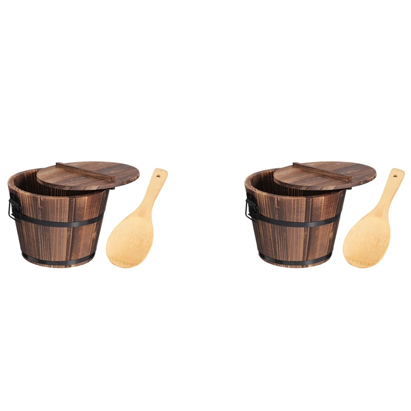 

2X Wooden Rice Bucket Korean Bibimbap Bucket Japanese Cuisine Sushi Bucket Food Storage Container With Lid Spoon