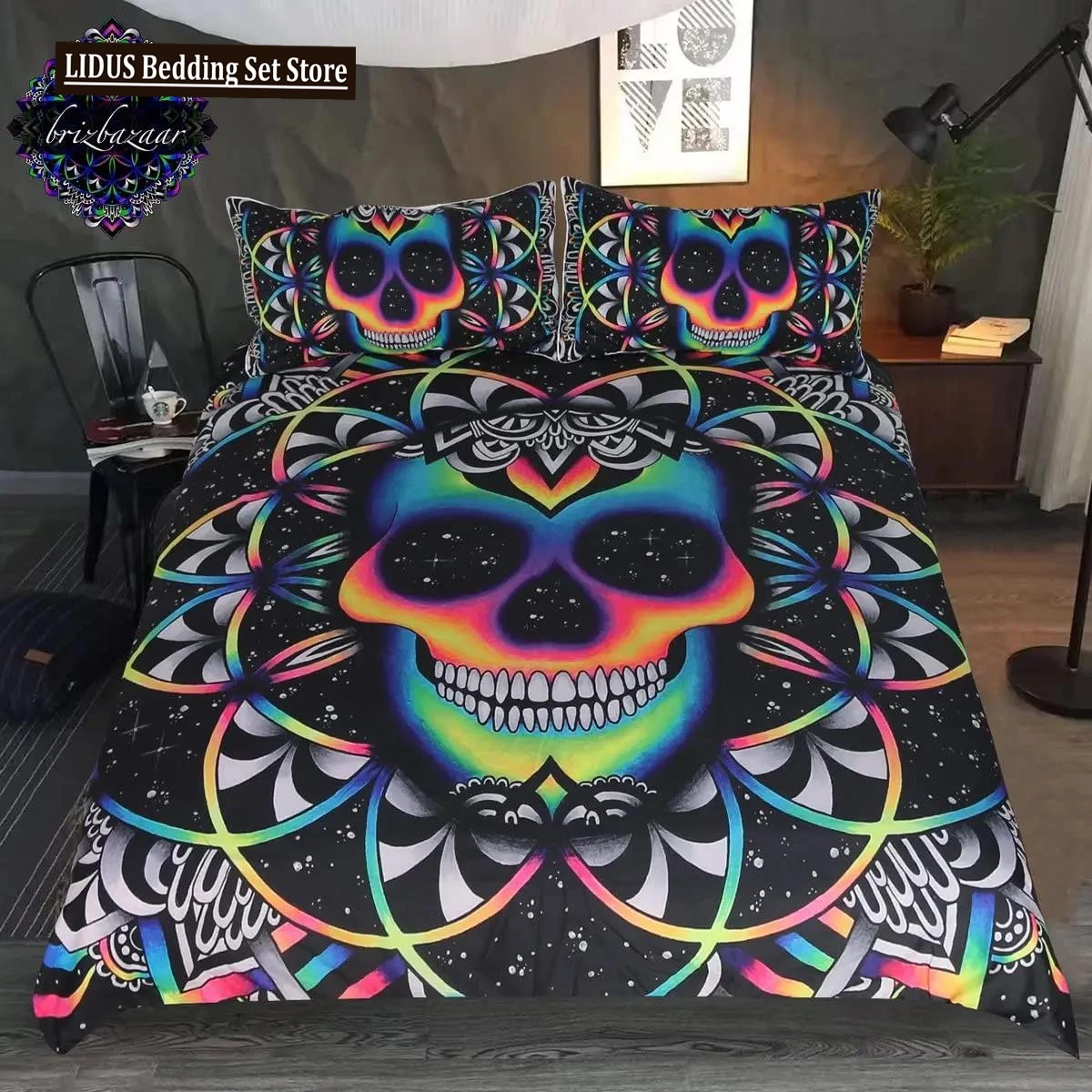 

Bedding Set Colorful Skull Bedding Black Neon Skeleton Bed Cover 3 Piece Galaxy Duvet Cover Gothic Bedspread