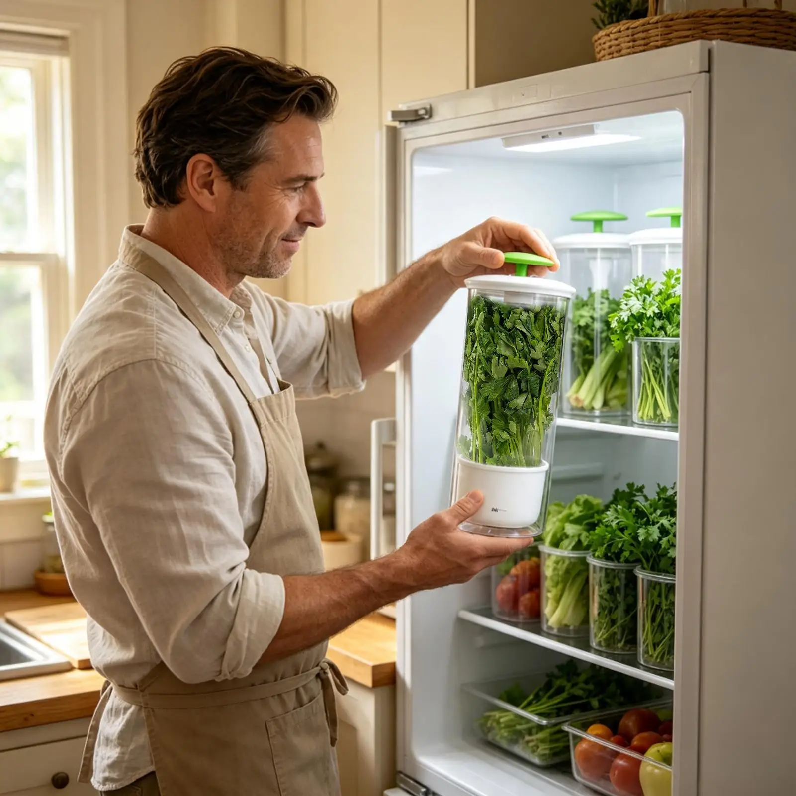 Vegetable Keeper Preserver Boost Air Circulation 2-3 Weeks Clear Box Fridge Greens Vegetable Preserver For Cilantro Basil Daily