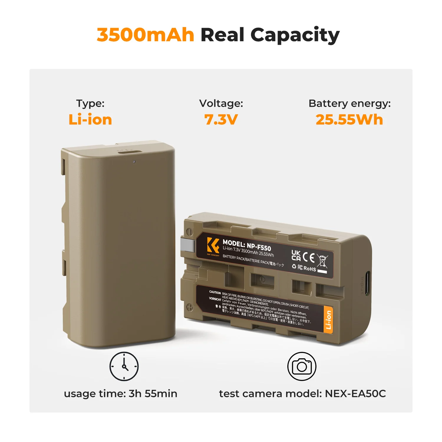 K&F Concept NP-F550 Battery 3500mAh with Type C Direct Rechargeable Battery for Sony CCD-RV100 CCD-RV200 Camera Video Batteries