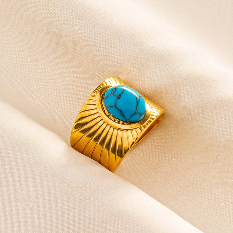 5 Stück verblassen nie Edelstahl Türkis Ringe böhmisch verstellbar tiefblau Edelstein vergoldete Ringe Frauen Vintage Schmuck