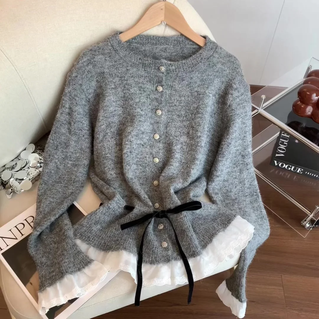 

Women's Grey O-Neck Lace Patchwork Cardigan Sweater Vintage 2000s Y2k Knitwear Long Sleeves Luxury Sweater Autumn Winter Clothes