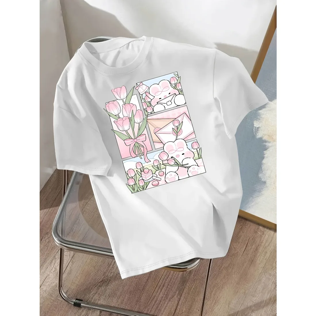

Summer Children's Round Neck T-shirt Fashionable Loose Soft Comfortable Lightweight Breathable Cute Bunny Pattern Top