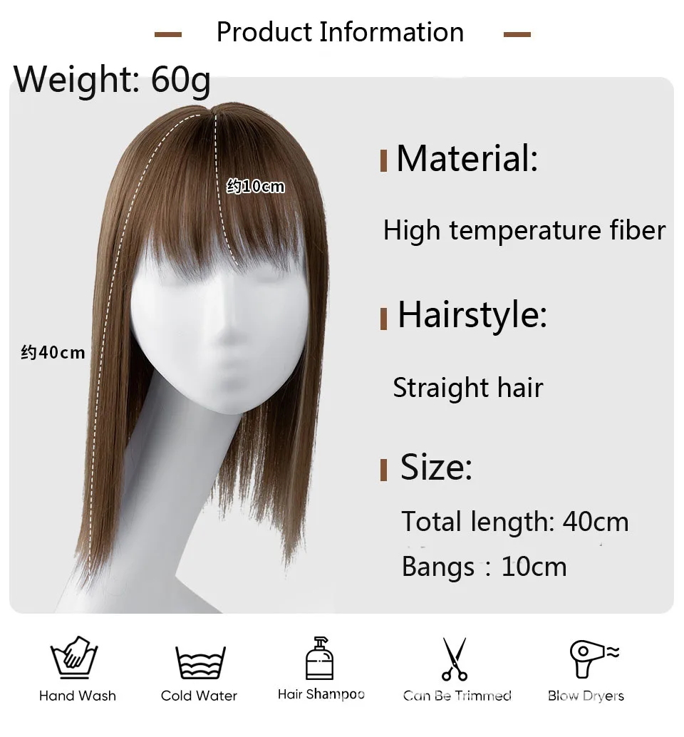 Wig, Natural Bangs, Fixed with 3 Clips, Lightweight Hairstyle, Gift for Mom, Youthful Style, High Aesthetic Value