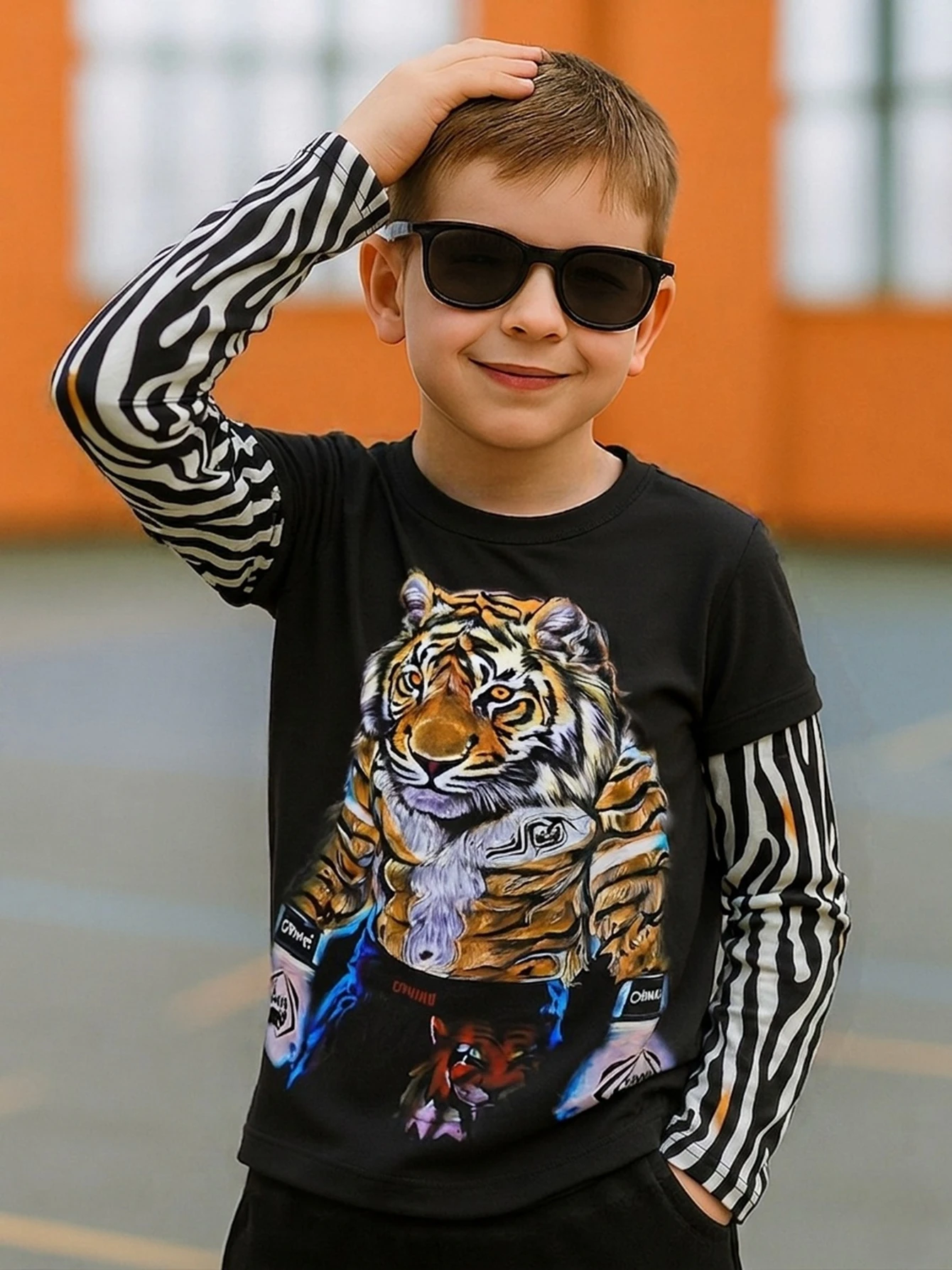Teen Boys Spliced Sleeve T-shirt Muscle Tiger Boxing Print Long Sleeve Top Cool Streetwear for Kids 5-14 Years Breathable Quick