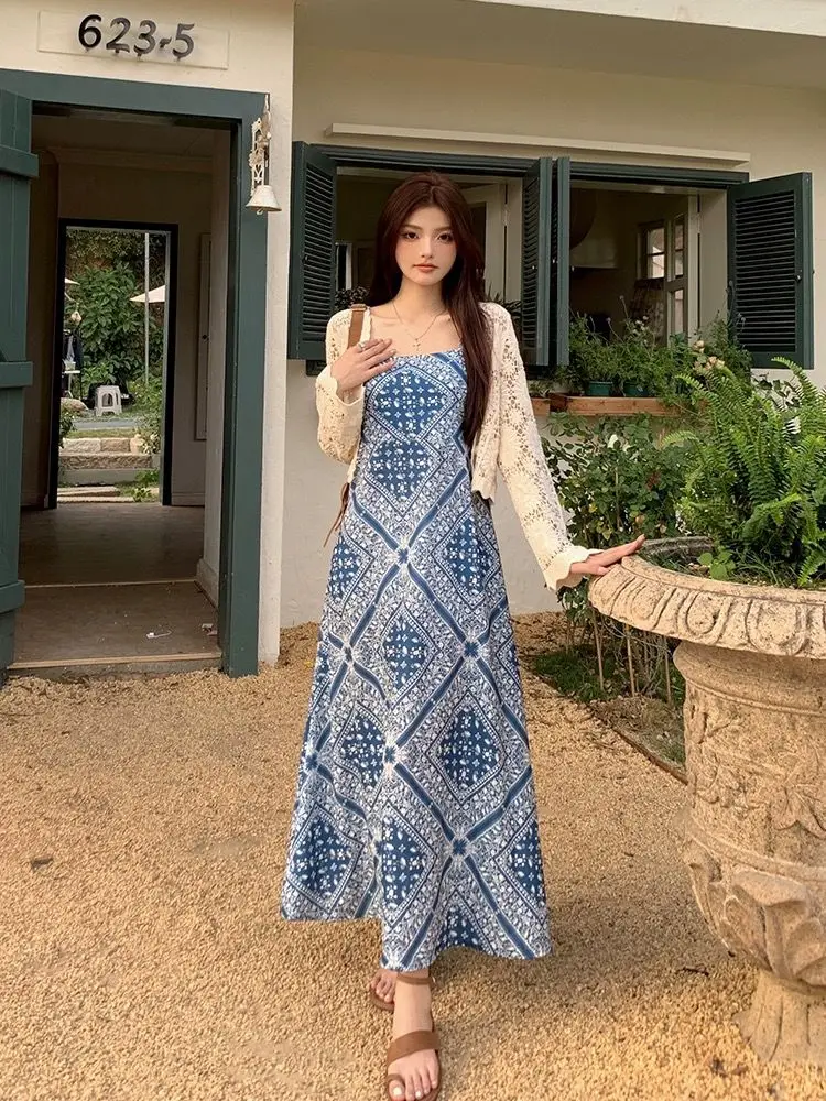 

Пляжное шифоновое платье Vaion с длинной юбкой А-силуэта, на одно плечо, с завышенной талией, в юго-восточноазиатском стиле, летнее, синее