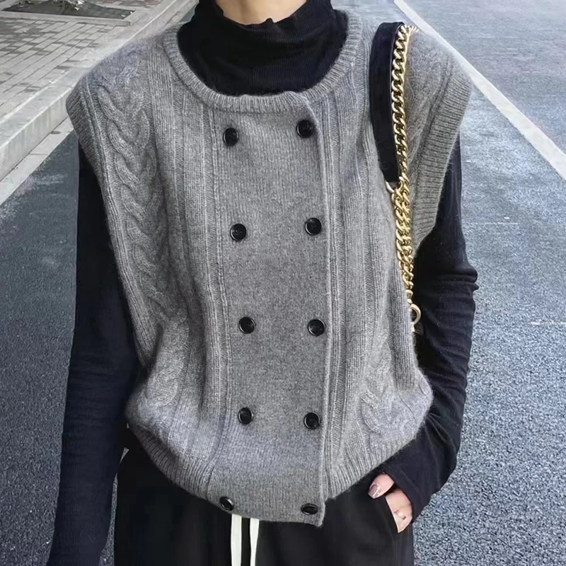 ITOOLIN Autumn Winter Women Double-breasted Wool Cardigan Vest O-Neck Rib Warm Sweater Vest For Women Knit Casual Waistcoat 2023