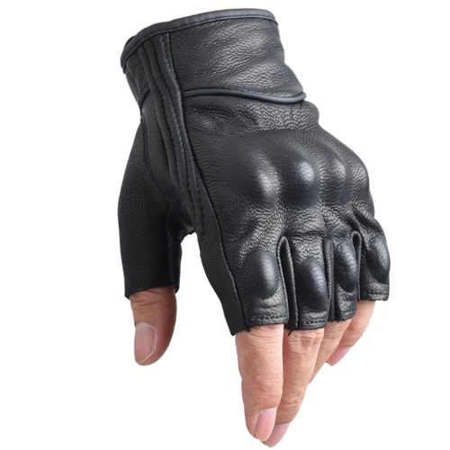 Imagen 2 del producto Guantes de motocicleta Guantes de cuero para montar en motor Medio dedo para hombres Guantes sin dedos Negro