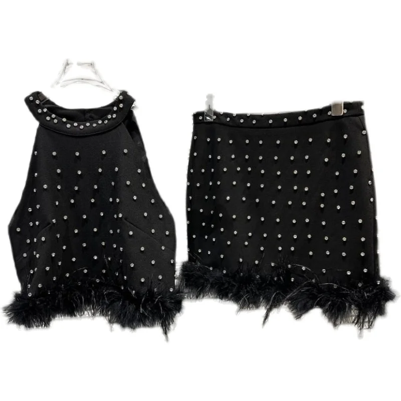2025 Summer New Rhinestone Beaded Feather Fringe Halter Women's Sling Original Design Punk Bodycon Sexy Short Skirt Suits Ladies