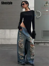 Shestyle Black Solid High Slit Long Dress Women Crew Neck Elastic Full Sleeve Top Cool Fashion Irregular 2024 Autum Outwear