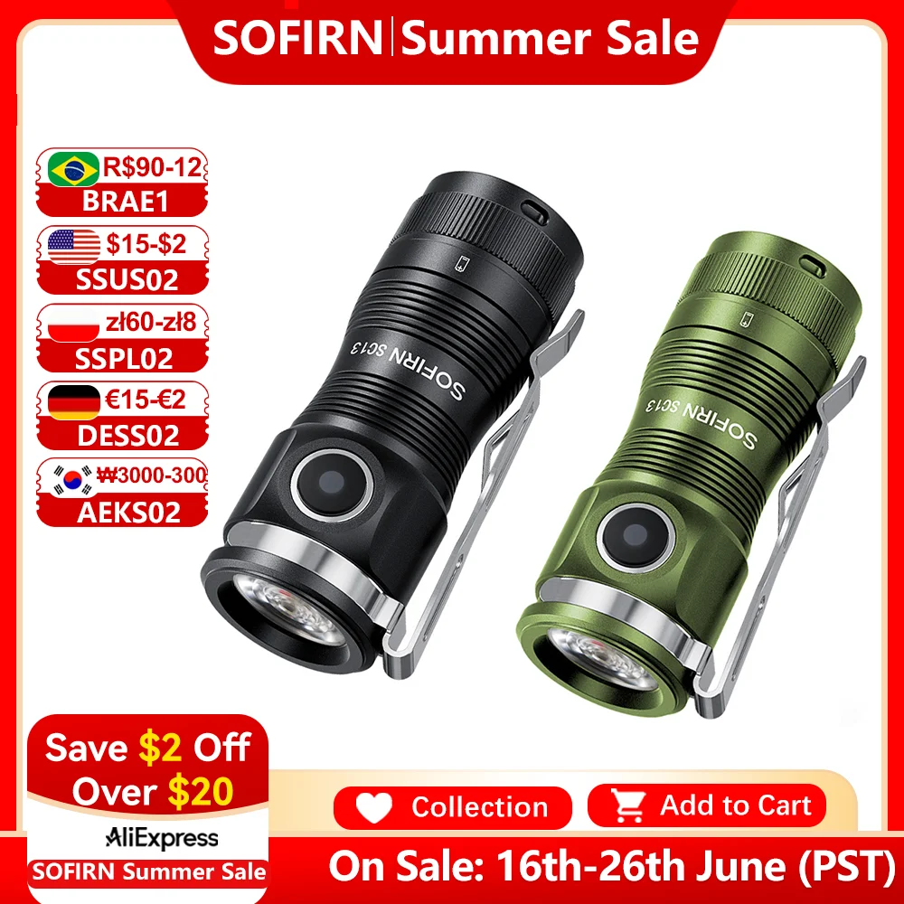 

Sofirn Mini SC13 SST40 LED 1300lm Tactical 18350 Rechargeable Flashlight 6000K Keychain Light with Magnetic