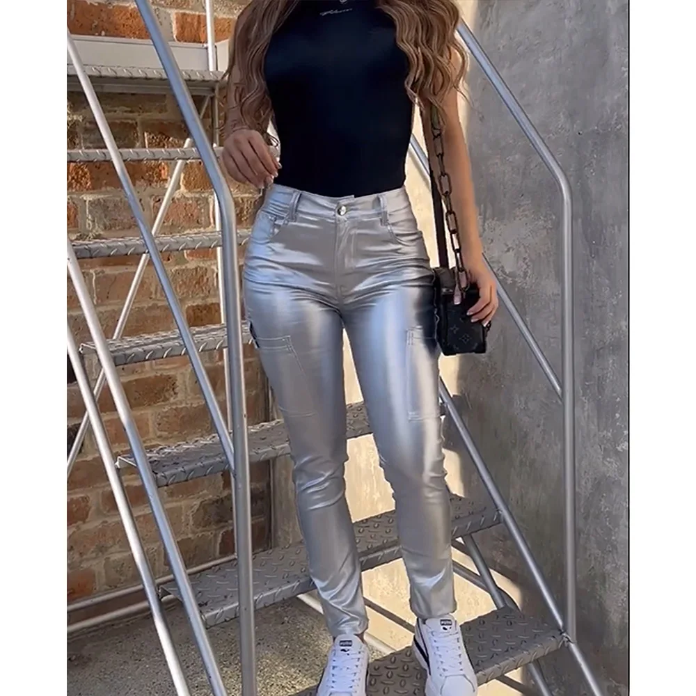 New Fashion Casual Women's Pants Office Lady Y2K Cargo Pants Silver Color Trousers Spring Winter Wear Versatile Leggings