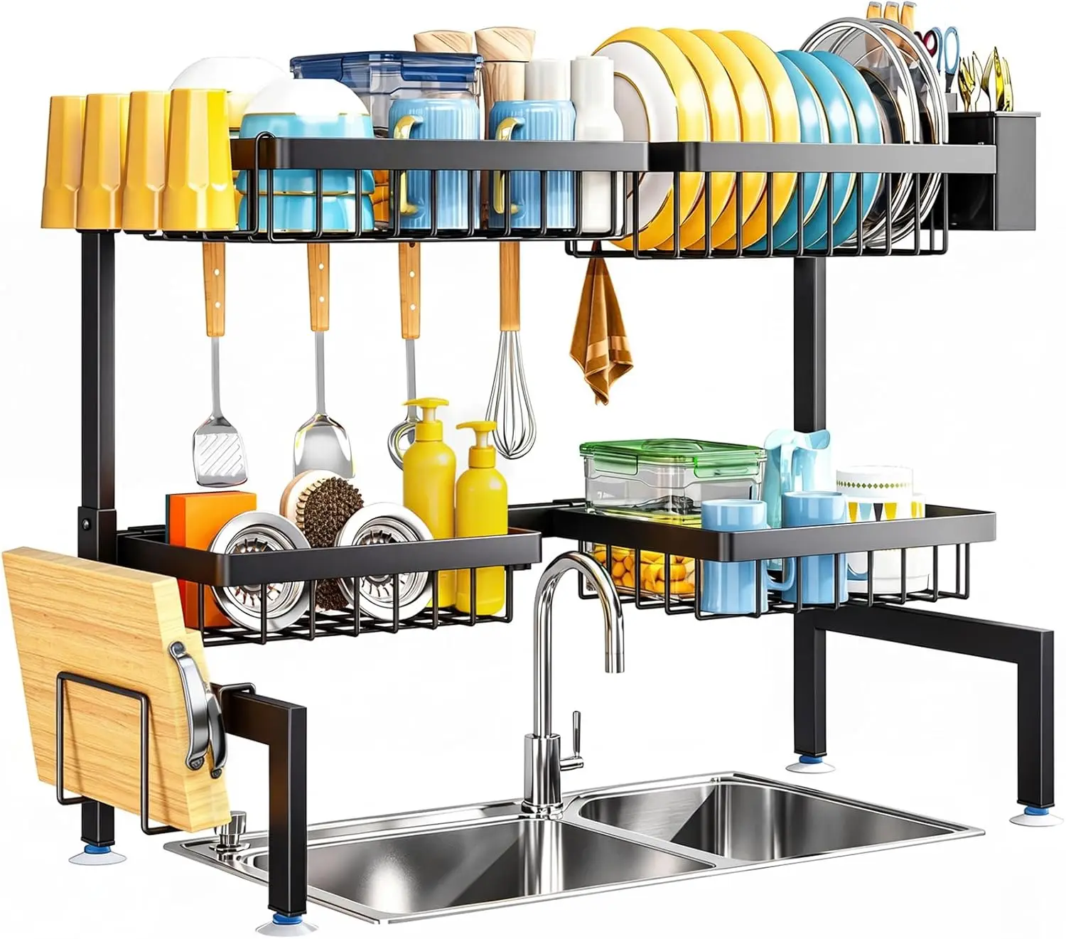 2-Tier Large Over-Sink Stainless Steel Drying Rack, Equipped with Four Independent Detachable Storage Baskets For Classified Tableware Storage