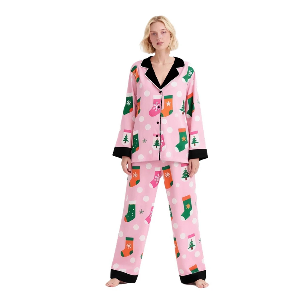 

Рождественский пижамный комплект из двух предметов с длинными рукавами и принтом, повседневная атласная одежда для сна с воротником с лацканами, новинка 2025, женская домашняя одежда, домашняя одежда