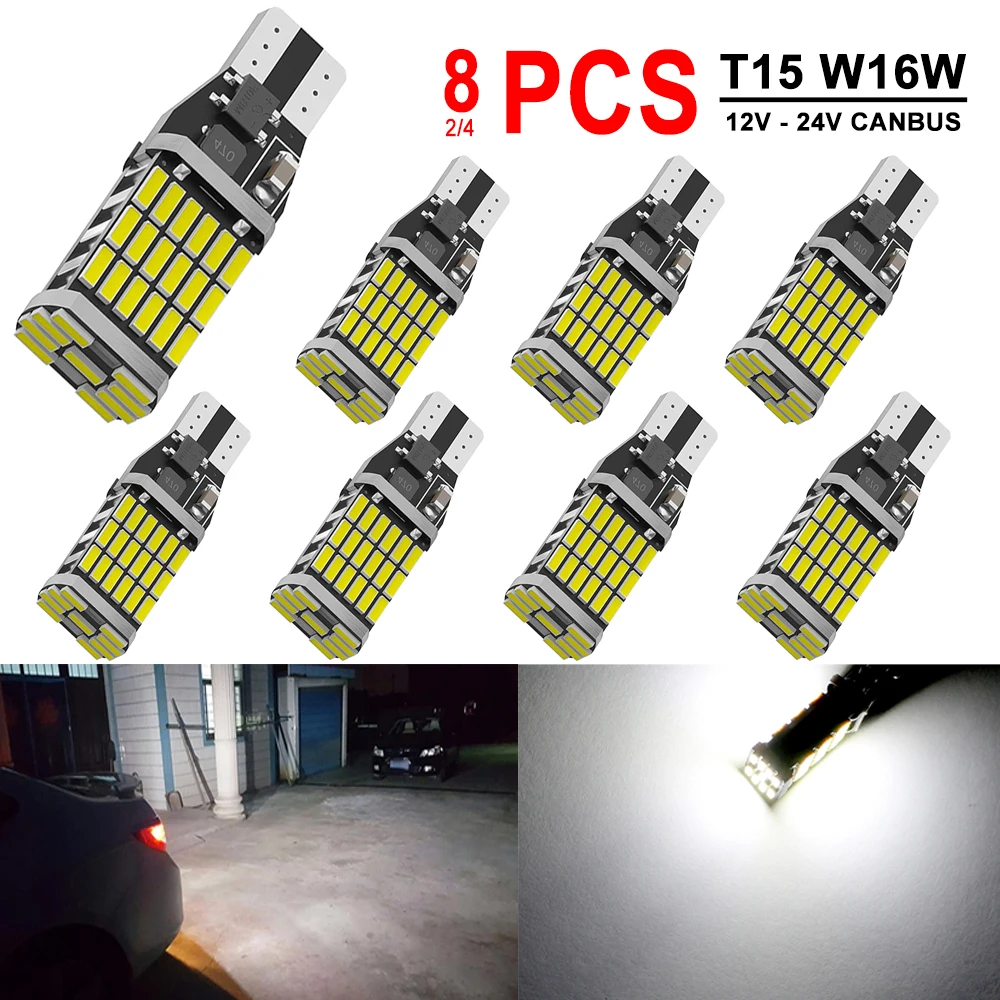 2/4/8 PCS 1000LM Super Bright T15 W16W LED Bulbs Canbus Error Free 12V 24V 4014-45SMD 6500K White Car Tail Backup Reverse Lights