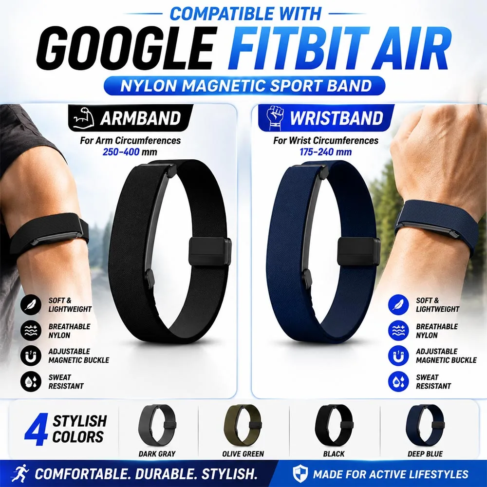 2-teiliges Nylon-Bizepsband/Armband für Google Fitbit Air Band Fitness Tracker Ersatzband magnetisch für Google Fitbit Air Strap