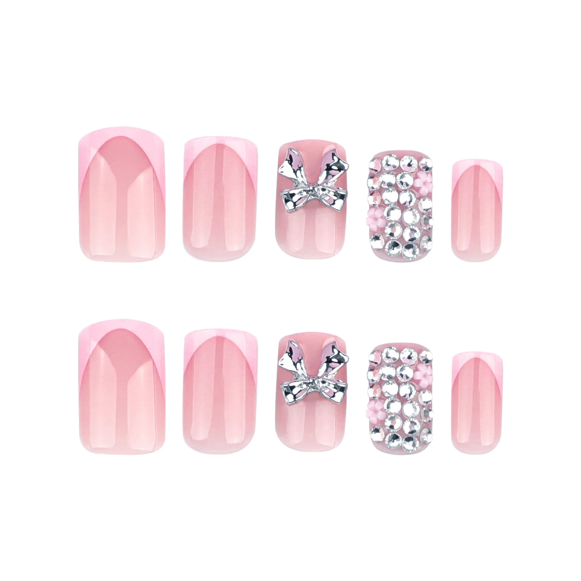 24pcs French Style Pink False Nails Short Square Metal 3D Bowknots Decor Press On Nails Flash Diamond Charming Fake Nail Patches