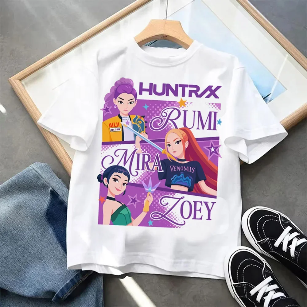 Koszulka Kpop Demon Hunters dla dzieci, z nadrukiem kreskówkowym anime, memów, okrągły dekolt, podstawowa koszulka chłopięca, codzienna koszulka, prezent