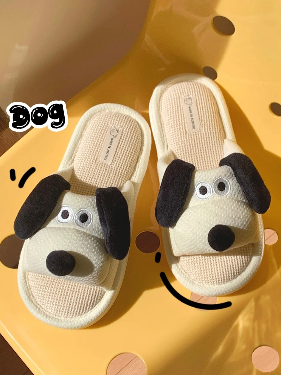 Spring And Summer Cute Dog Soft Sole Home Linen Slippers Women Couple Four Seasons Universal Anti Slip Man Cotton Linen Slippers