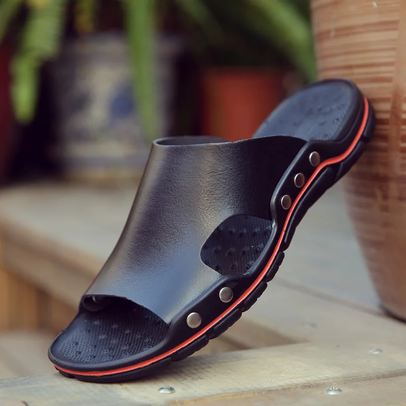 2023 Genuine Cow Leather Slippers Couple Outdoor Non-slip Men Women Home Fashion Casual Single Shoes PVC Soft Soles