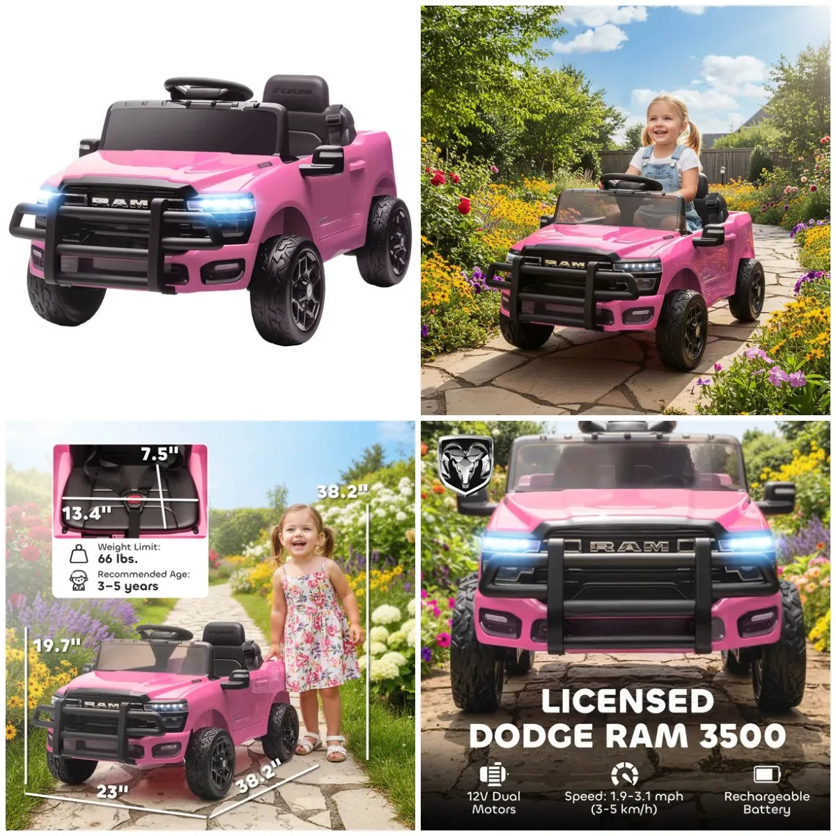 Qaba 12V Kids Ride on Car, brinquedos licenciados 3500 com motores duplos, controle remoto para crianças, rosa