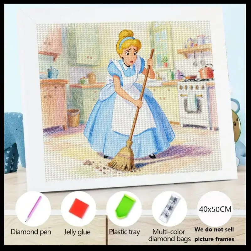 

1PC 5D Full Drill DIY Diamond Painting Kit, Enchanting Fairy Tale Princess Sweeping Kitchen Scene Crystal Rhinestone Mosaic Art,