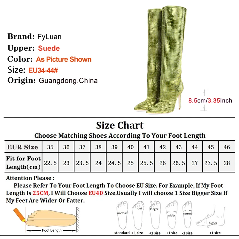 Luxury Rhinestones Blingbling Pointed Long Boots For Women 8.5CM Stiletto Heels Knee-high Model Stage Show Shoes Botas De Mujer