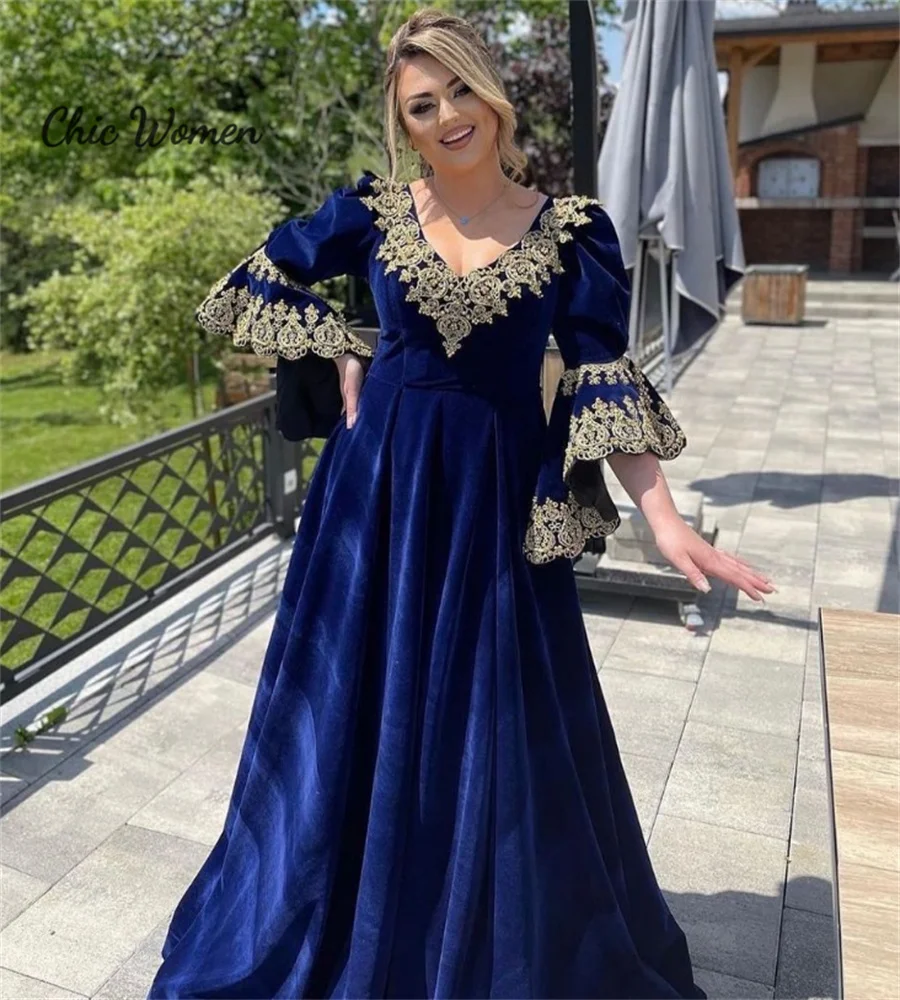 Arabisches Abendkleid aus dem Nahen Osten, eleganter marinefarbener Samt, marokkanischer Abschlussball mit goldenen Applikationen, A-Linien-Ärmel, formelle Zeremonie, individuell gestaltet