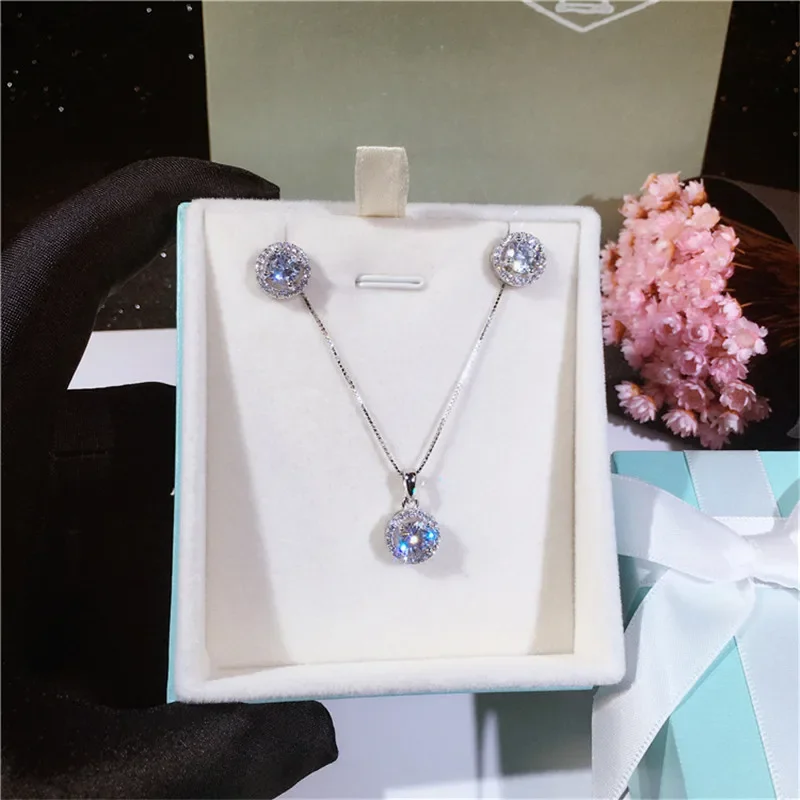 Charm Diamond Jewelry set Real 925 Sterling Silver Bijou Party Wedding Earrings Necklace For Women Bridal Gemstones Jewelry Gift