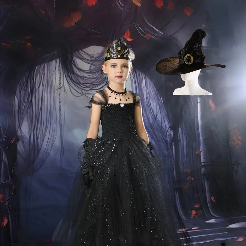 

Children Girls Princess Long Dress Witch Cosplay Dark Tutu Drssses Necklace Suit for Halloween Carnival Party Roleplay Outfits