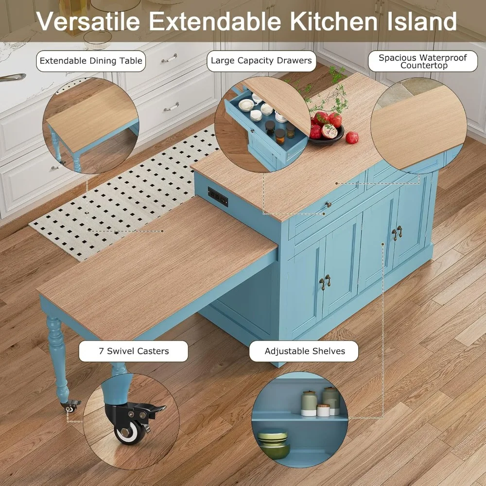 

87.5" Kitchen Island with Extendable Table, Rolling Islands Cart with 4 Doors, Mobile Kitchen Island with, Customized