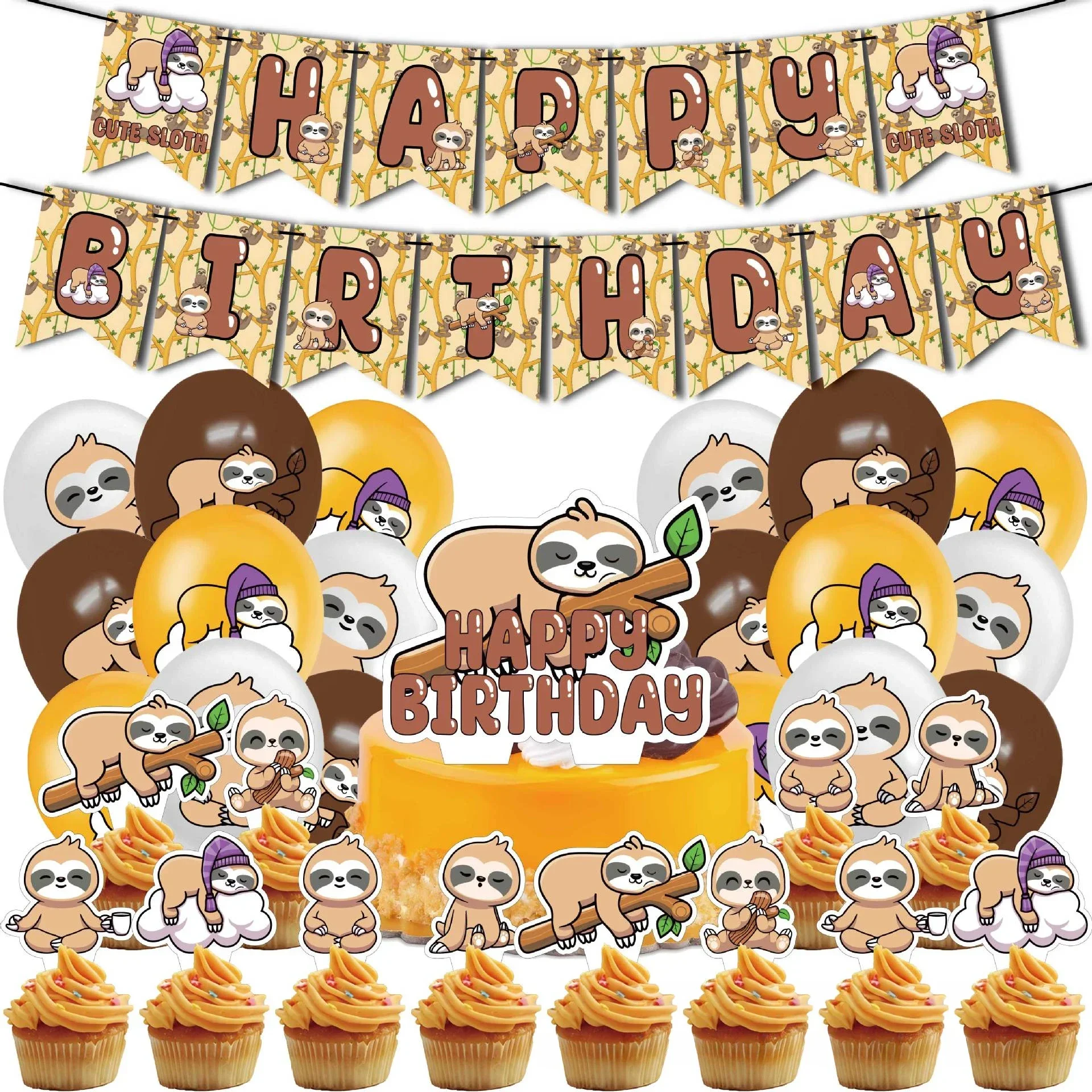Sloth Theme Birthday Party Decorations Cartoon Sloth Banner Cake Topper Balloon Set for Kids Cute Animals Birthday Supplies