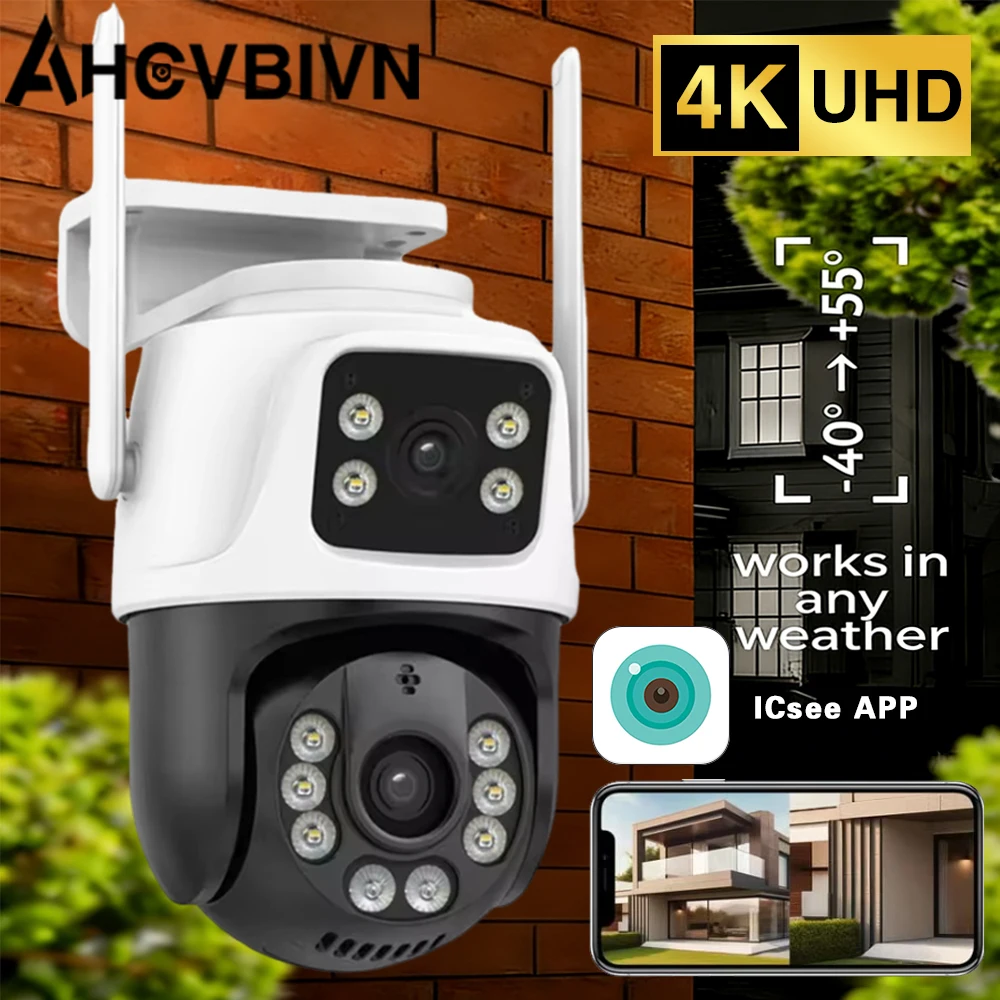 

Уличная Wi-Fi PTZ-камера ICSEE с двумя объективами, обзором 360°, защитой IP66, разрешением 8 МП 4K, беспроводная, с функцией обнаружения человека