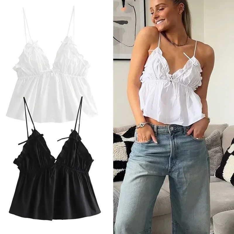 ASDS sleepveless white crop top women 2024 ruffle backless sexy top thin strap summer tops tied corset black tank top women