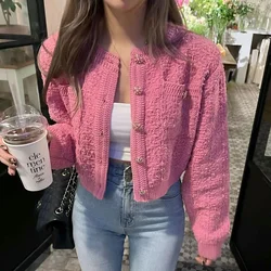 Korean Style Pink Round Neck Cropped Cardigans Women Chic Button Long Sleeve Knitted Coats Woman Elegant Pocket Short Cardigan