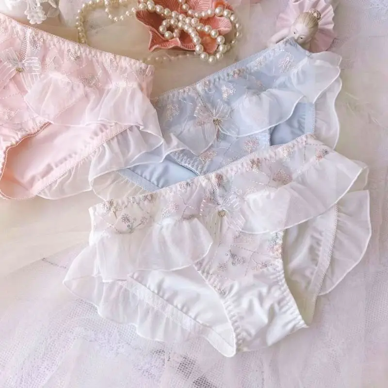 Women Milk Silk Smooth Soft Flower Embroidery Luxury Advanced Ruffles Underwear Princess Style Cute Lovely Sweety Panties Breifs