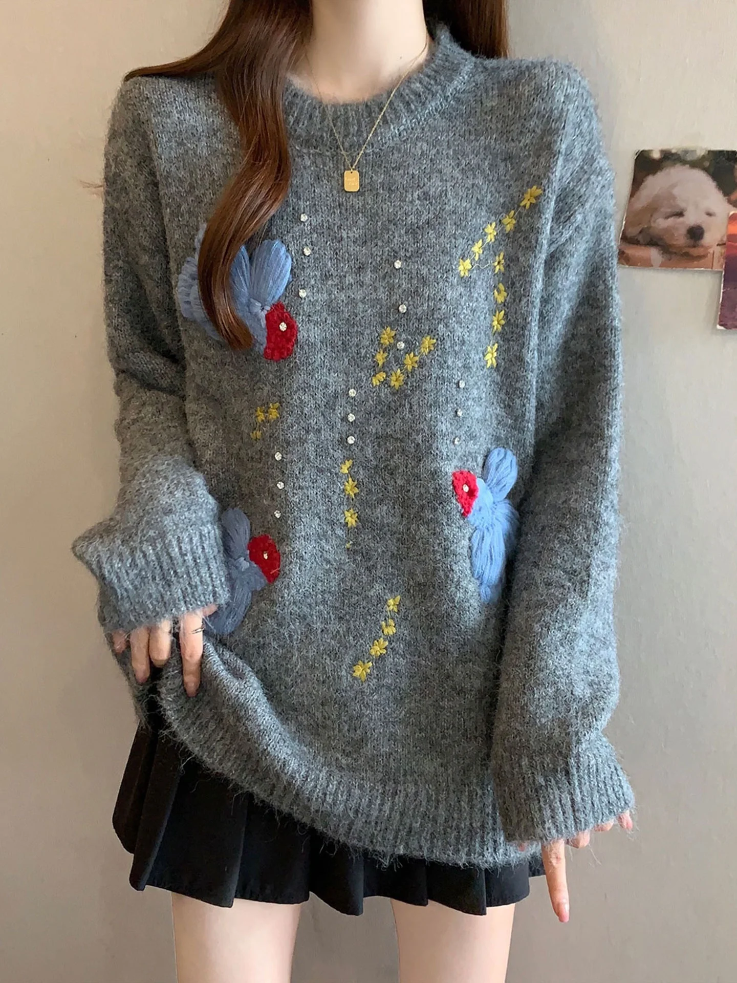 

Тяжелый свитер Diamond Embellied Long Sve Knitted Base irt, женский свитер на осень-зиму, большие размеры, с вышивкой мм...