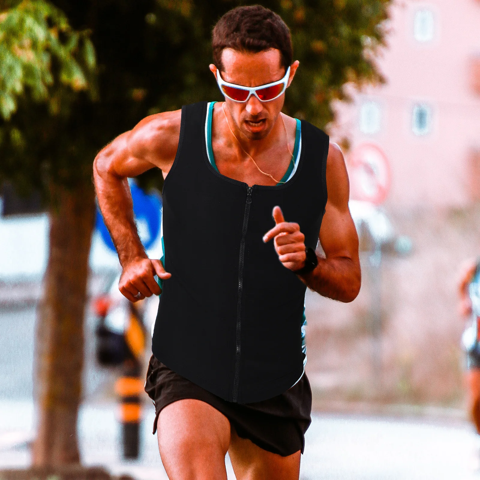 

Men Sweat Vest Workout Fitness Gear Quick Dry Shirts Sauna Suit with Zipper Tight Tank Tops for Running Yoga Exercise