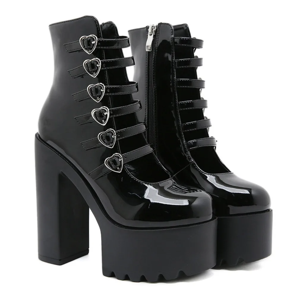 Heels Women Sweet Patent Leather Thick Heel Waterproof Table High Heels Women's Love Buckle Side Zipper Heightening Shoes Women