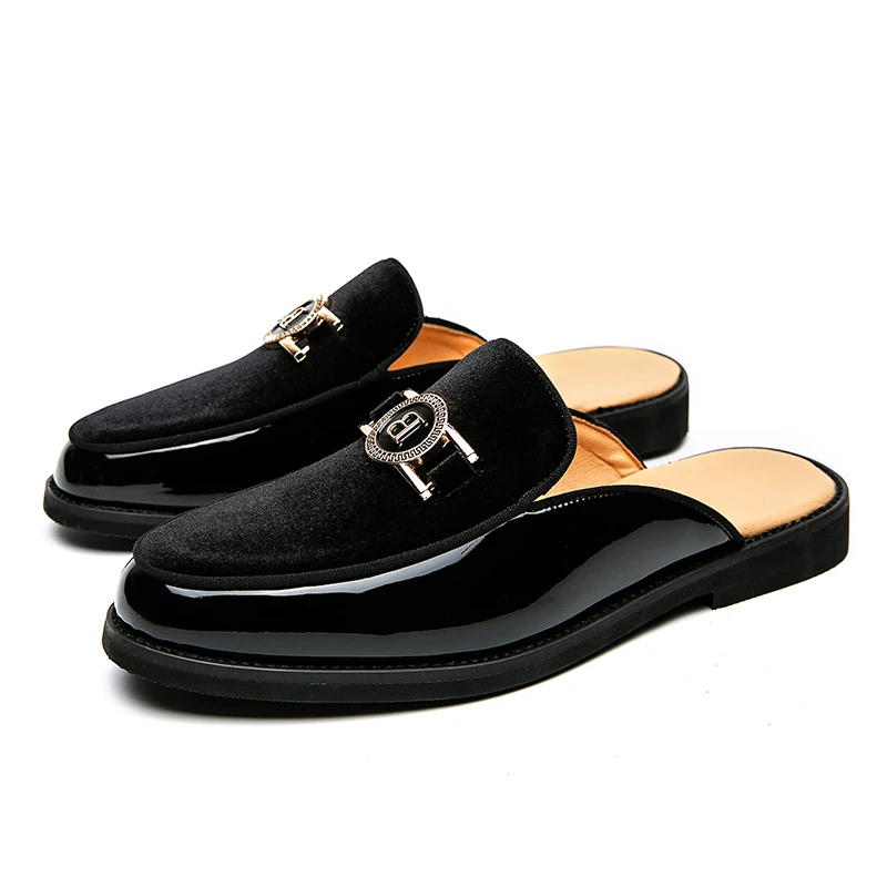 Men Mules Leather Slipper Summer Walk Loafers Open Style Half Flat Shoes Casual Sandals Metal Lock Slides Moccasin Big Size 47