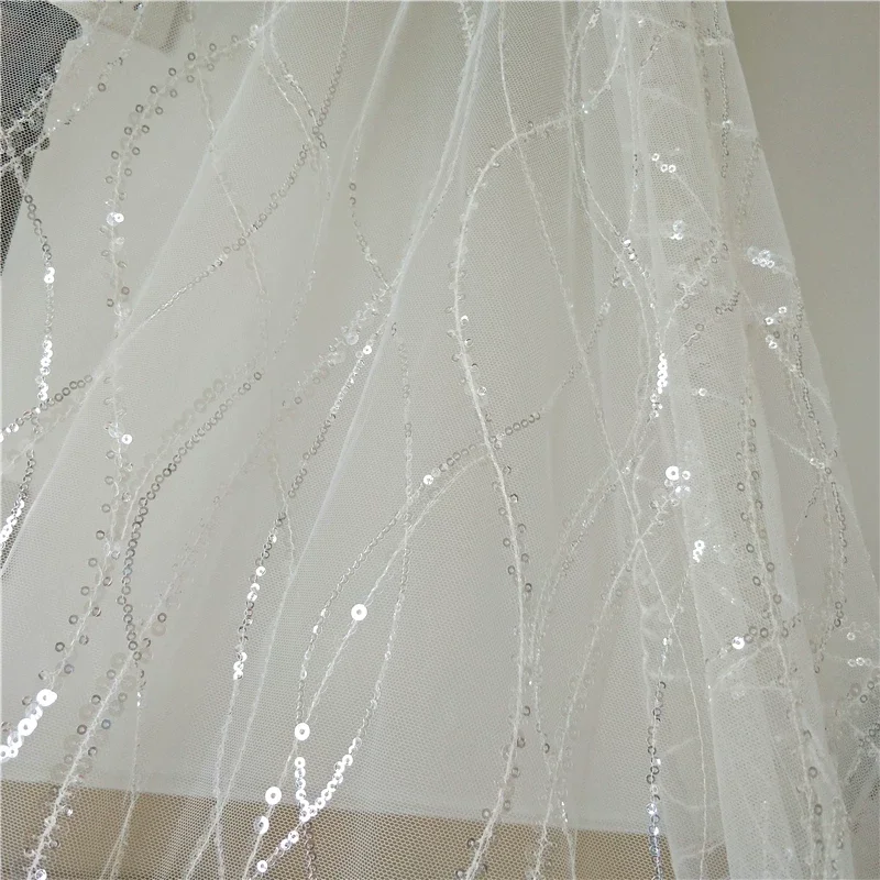 

1yard Edge Bridal Dress Garment DIY Crafts designer fabric for patchwork Water Wave Strip Sequin Embroidered White Lace Fabric