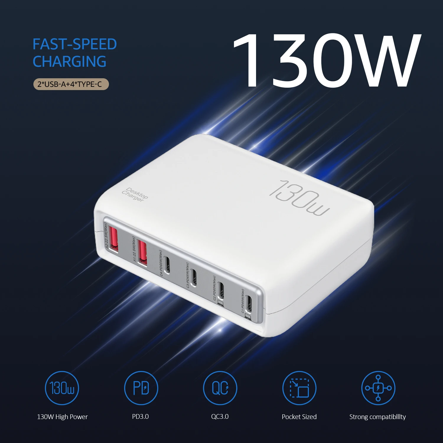 130W 6-Port Desktop Charger, Fast Charger Type C for Cellphones, Smart High Speed Chargering Adapter for Xiaomi,Iphone,Samsung