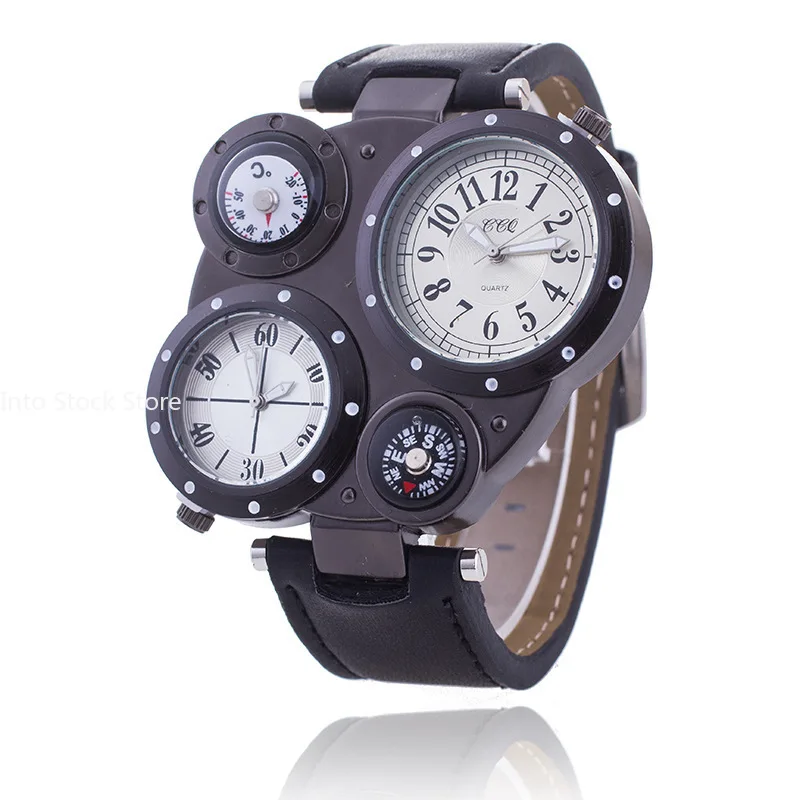 

Creative Big Watch Men Chronograph Multi Dials Quartz Watch Military Sport Wristwatch Male Leather Strap Clock with Compass