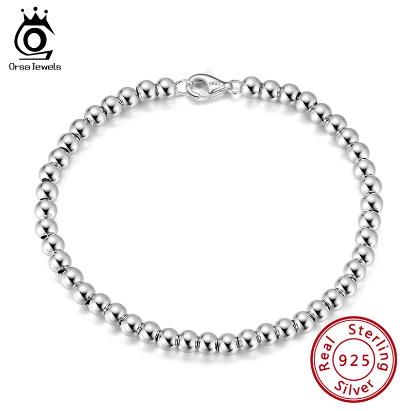 ORSA JEWELS Soild 925 Sterling Silver 2.5mm 4mm Ball Beaded Chain Bracelet for Women Men Simple Beads Round Chain Bracelet SB124