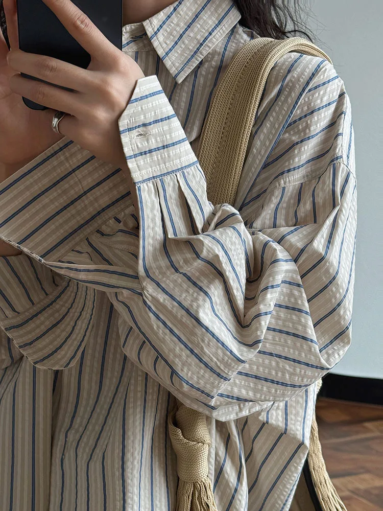 FANAN ヴィンテージストライプコントラストカラーシャツ女性のラペルシングルブレストオフィスレディルーズブラウスファッショントップス 2025 春の新